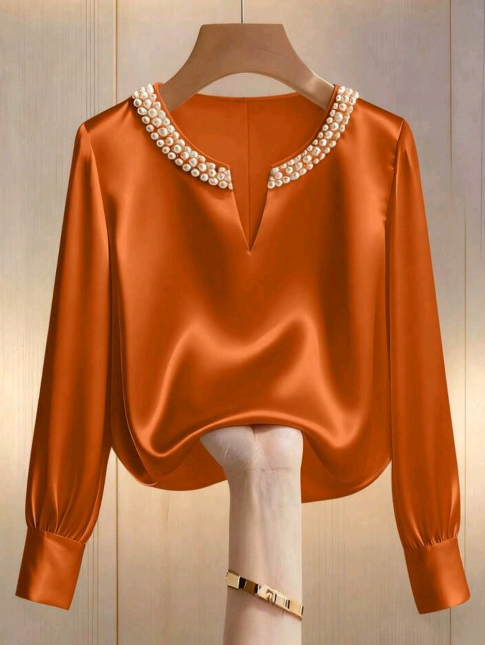 Women's Champagne Elegant V-Neck Pearl Decor Long Sleeve Blouse